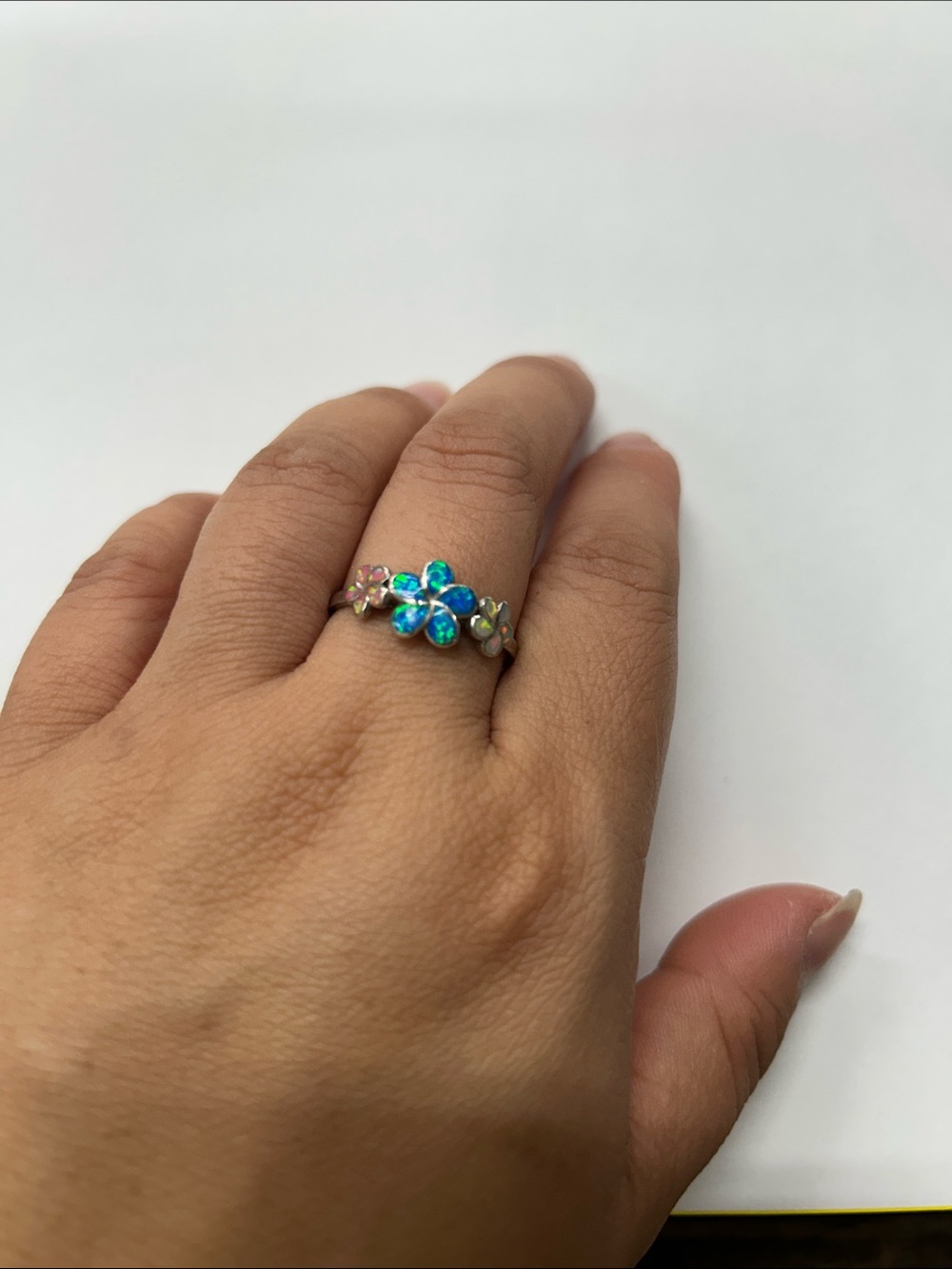Blue Opal Floral 925 Sterling Silver Ring Size 10.5